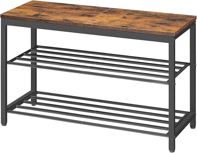 HOOBRO Shoe Storage Bench, 29.5" L Entryway Bench Organizer, 3-Tier Shoe Rack for Closet, Shoe Shelf with Wooden Top Seat, Loads 300 lb, Space-Saving, Rustic Brown and Black BF76HX01