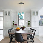 KCO Lighting Modern 3-Light Blue Striped Glass Pendant Light Fixture Nordic Glass Ball Cluster Chandelier Vintage Large Globe Pendant Lighting Mid-Century Black Island Light for Kitchen