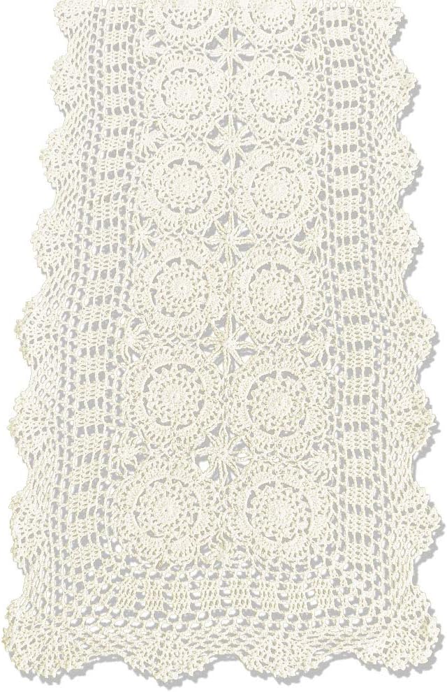 KEPSWET Cotton Handmade Crochet Lace Table Runner Beige Rectangle Coffee Table Dresser Decor (14x36 inch)