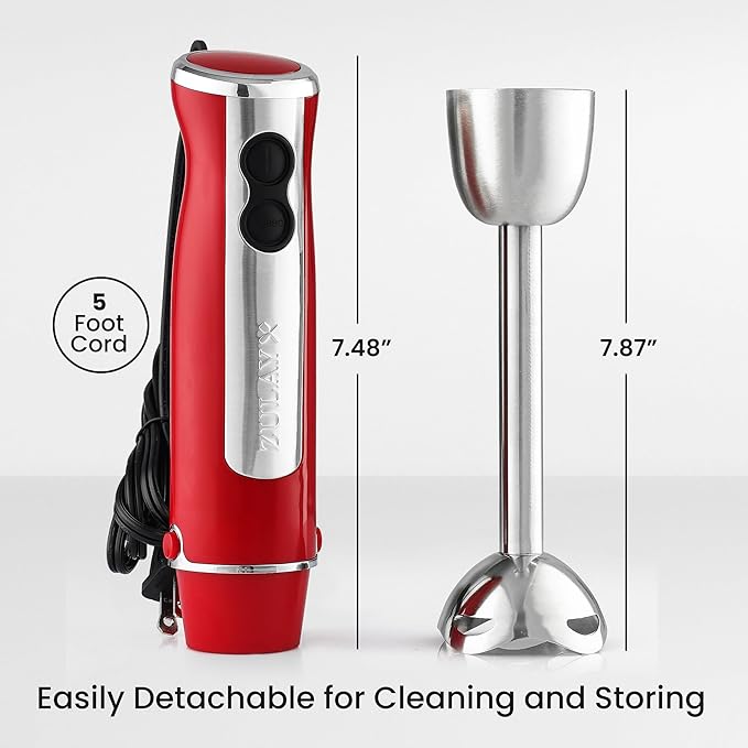 Zulay Immersion Stick Mixer Hand Blender - 800 Watts, Turbo Mode, 5-ft Power Electric Cord, Handheld Portable, Stainless Steel Blades - For Effortless Blending Smoothie, Soup, Baby Food, Puree - Red