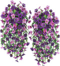 Artificial Hanging Plants Flowers Fake Outdoor Plants Artificial for Porch Hanging Faux Flowers Outdoor Home Porch Decor (2Pcs, Double Purple)