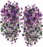 Artificial Hanging Plants Flowers Fake Outdoor Plants Artificial for Porch Hanging Faux Flowers Outdoor Home Porch Decor (2Pcs, Double Purple)