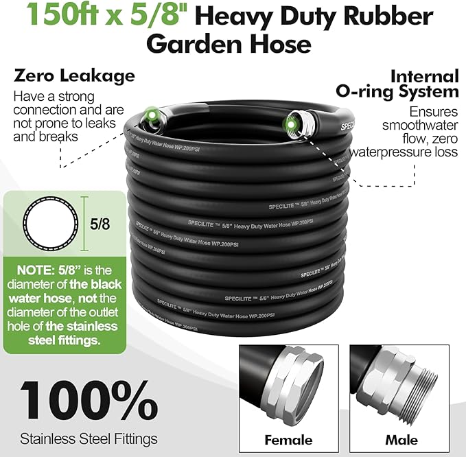 SPECILITE 5/8" Garden Hose 150 ft with High Flow Nozzle, Heavy Duty Flexible Hybrid Rubber Water Hose for Outdoor, Lightweight, Leak-Proof, No-Kink, 3/4"Stainless Steel Fittings,Black