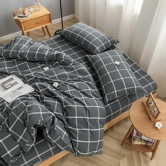 FACE TWO FACE Bedding Duvet Cover Set100% Washed Cotton Duvet Cover Linen Like Textured Breathable Durable Soft Comfy (King, Light Gray)