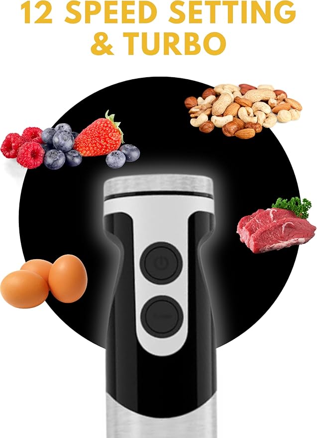 MegaWise Stainless Steel Titanium Reinforced 3-in-1 Immersion Hand Blender, Powerful with 80% Sharper Blades, 12-Speed Corded Blender, Including Whisk and Milk Frother (3-in 1 Black)