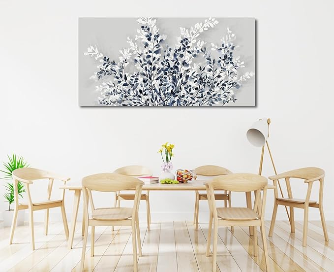 NINEASO Botanical Flowers Wall Art - Indigo Blue and White Floral Canvas Pictures Spring Blooming Painting Gray Background Printing Artwork Living Room Bedroom Home Office Wall Decor 24" x 48"