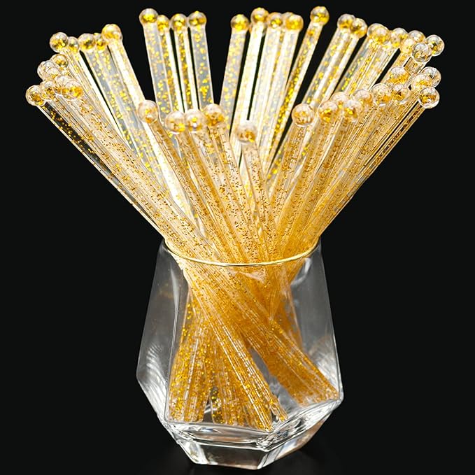 100-PCS Gold Glitter Plastic Swizzle Sticks, Crystal Cake Pops, Cocktail Coffee Drink Stirrers, Stir Sticks for Christmas Party, 7.24 Inch