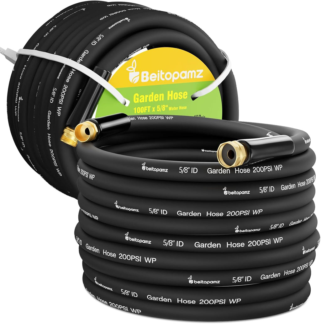 100 ft Garden Hose, 5/8 in Heavy Duty Water Hose, Flexible and Durable, Lightweight Rubber Hybrid Hose, Leak-Free Connections, Male to Female Fittings, BT100B, Black