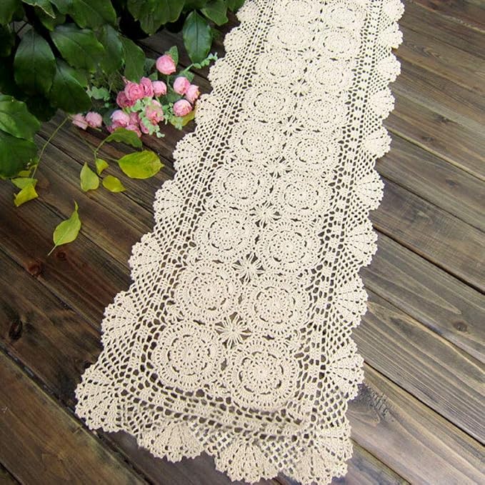 KEPSWET Cotton Handmade Crochet Lace Table Runner Beige Rectangle Coffee Table Dresser Decor (14x60 inch)