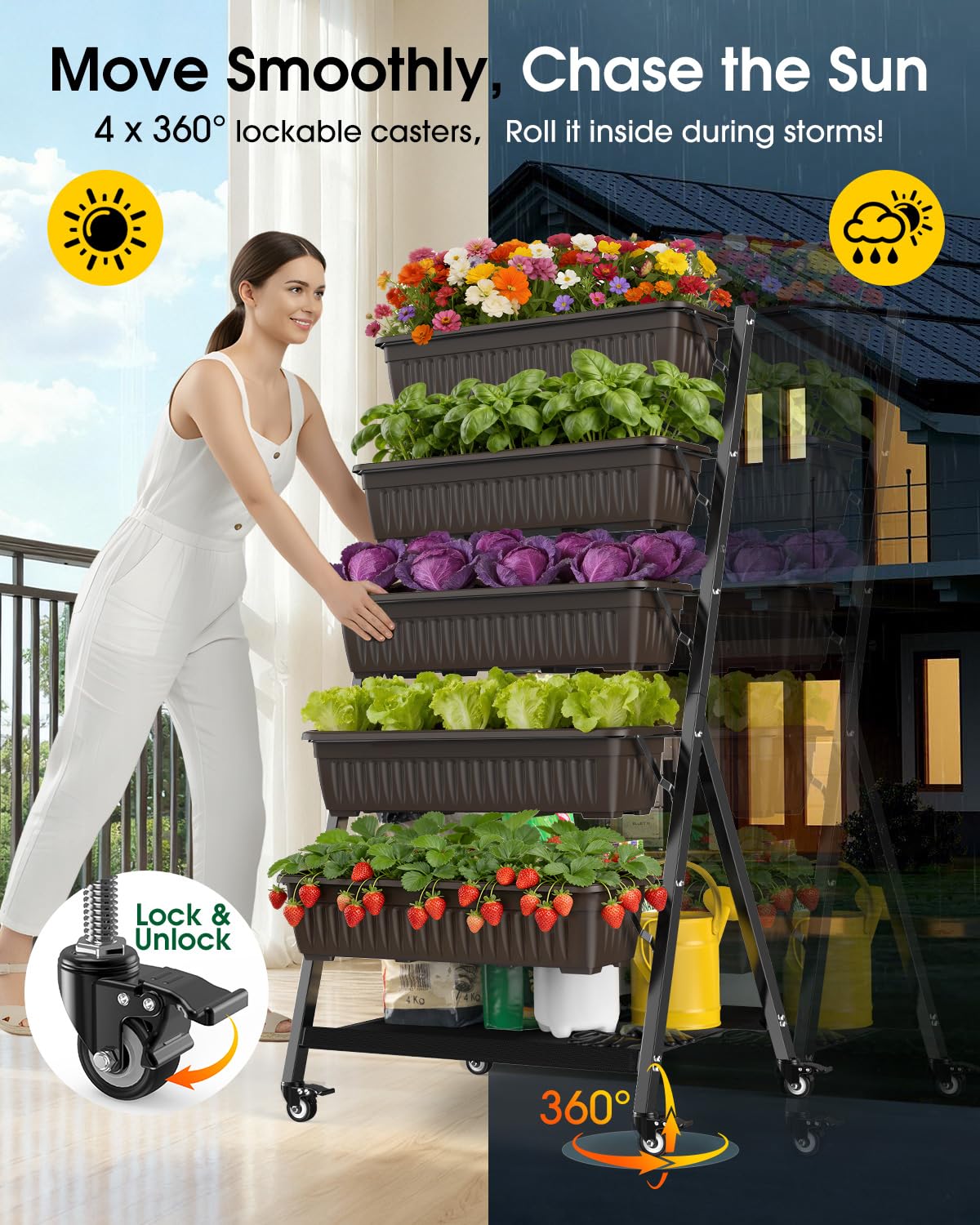 Olaiti 5-Tier Vertical Garden Bed Planter Boxes with Wheels, Drainage System & Storage Space, Mobile Vertical Garden Planter with 5 S-Hooks for Plants Vegetables Flowers Herbs in Garden Patio Yard