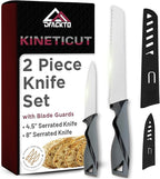 2-Piece Serrated Knife Set – Stainless Steel Kitchen Cooking Knives w/Protective Covers, Dishwasher Safe, No Block, Sharp Cutlery for Slicing Bread, Cooking Fruit & Steak w/Sheath - Gray