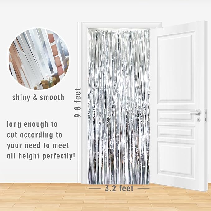 GOER 3.2 ft x 9.8 ft Metallic Tinsel Foil Fringe Curtains Party Photo Backdrop Party Streamers for Birthday,Graduation,New Year Eve Decorations Wedding Decor (Silver,1 Pack)