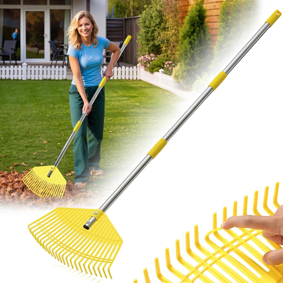 Garden Rake for Leaves - Extra Wide 18" Leaf Rake,Lightweight Long Handle for Women Seniors Kids Effortless Clean-Up,23 Non-Clog Flexible Tines for Lawn-Friendly,65” Adjustable Plastic Rakes for Yard