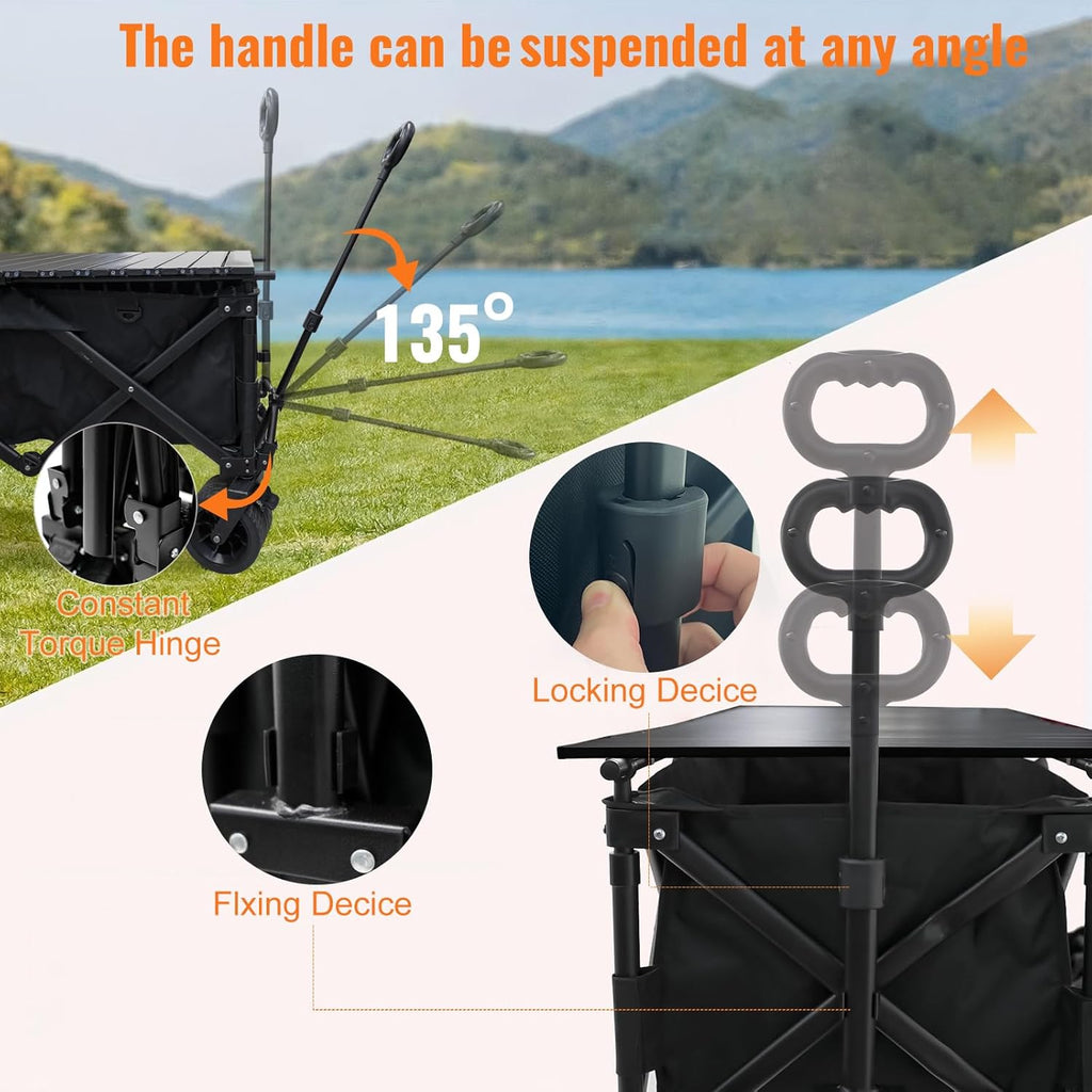 Collapsible Foldable Wagon Cart with Big Wheels and Tabletop, Large Capacity 440Lbs Folding Utility Wagon Carts for Sand, Beach, Camping, Shopping, Sport (Black)