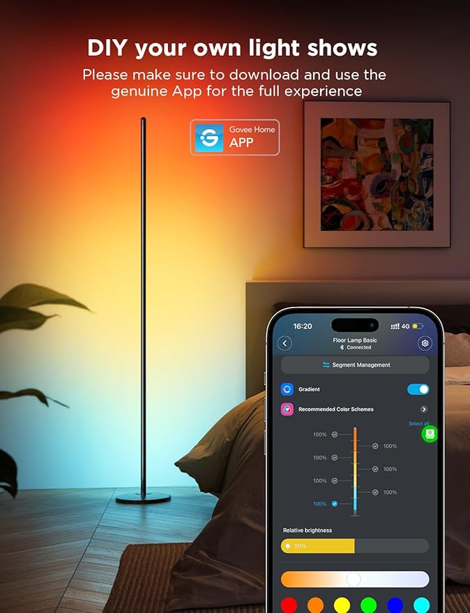 Govee RGBIC Floor Lamp Basic, LED Corner Lamp Works with Alexa, 1000 Lumen Smart Modern Floor Lamp with Music Sync and 16 Million DIY Colors, Color Changing Standing Lamp for Bedroom Living Room Black