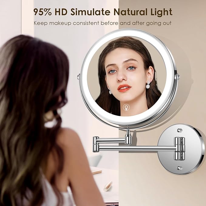 Wall Mounted Lighted Makeup Mirror, 8" Rechargeable Double-Sided Light up Magnifying Mirror 1x/10x, 3 Colors Led Vanity Mirror with Lights, Touch Dimmable 360° Rotation Foldable