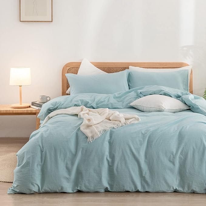 BESTOUCH Duvet Cover Set 100% Washed Cotton Linen Feel Super Soft Comfortable Chic Lightweight 2 PCs Home Bedding Set Solid Hushed Green Twin/Twin XL