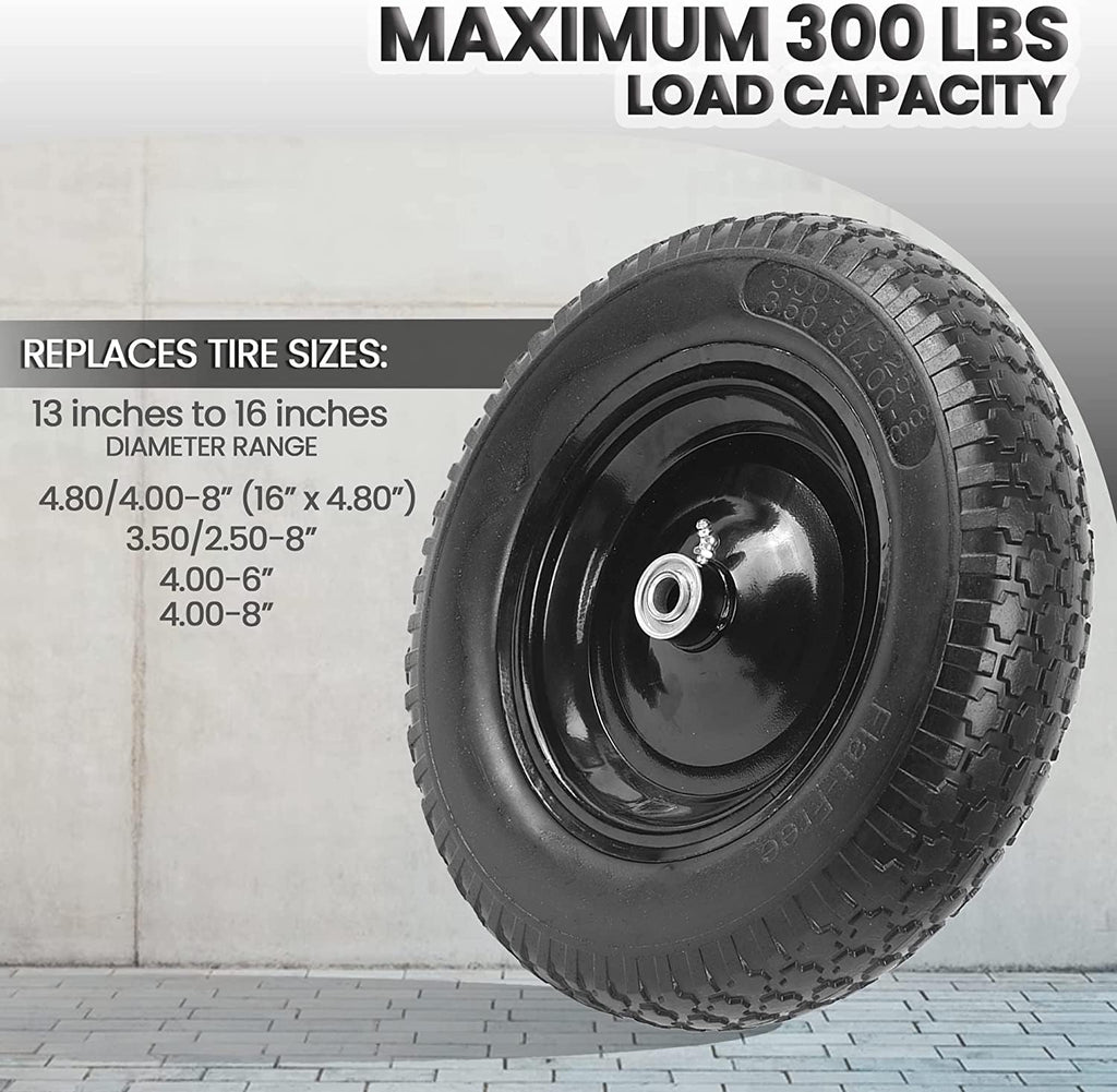 (2-PACK) 4.80/4.00-8" Flat Free Tire and Wheel - Universal Fit 14.5" Solid Wheelbarrow Tires with 3" Hub and 5/8" Bearings – Extra Adapter kit includes 3/4" Ball Bearings, 1" and 1/2" Nylon Spacers