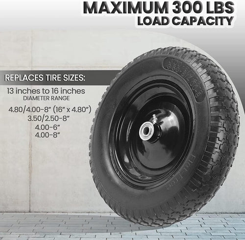 (2-PACK) 4.80/4.00-8" Flat Free Tire and Wheel - Universal Fit 14.5" Solid Wheelbarrow Tires with 3" Hub and 5/8" Bearings – Extra Adapter kit includes 3/4" Ball Bearings, 1" and 1/2" Nylon Spacers