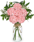 Hollyone Pink Hydrangea Artificial Flowers in Clear Glass Vase with Faux Water Silk Hydrangeas Fake Flowers Floral Arrangement for Home Bathroom Kitchen Office Table Centerpiece Shelf Decorations