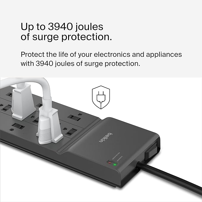 Belkin 12-Outlet Surge Protector Power Strip w/ 12 AC Outlets & 8ft Flat Plug, UL-listed Heavy-Duty Extension Cord for Home, Office, Travel, Computer, Laptop, Charger - 3,940 Joules of Protection