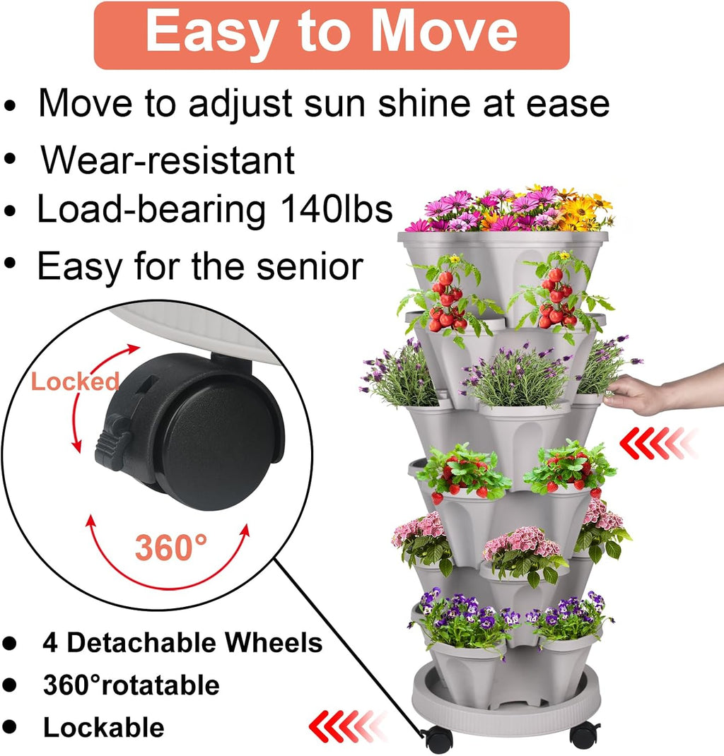 Vertical Planter 6 Tier Stackable Planters Garden Planters Strawberry Herb Flower and Vegetable Planter Indoor Outdoor Gardening Pots with Removable Wheels and Tools 2-Pack