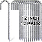 Rebar Stakes 12 Inch, 12 Pack Galvanized Tent Stakes Heavy Duty Ground Stakes, J Hook Metal Fence Stakes for Ground, Outdoor Decoration, Wire Fencing, Gardening