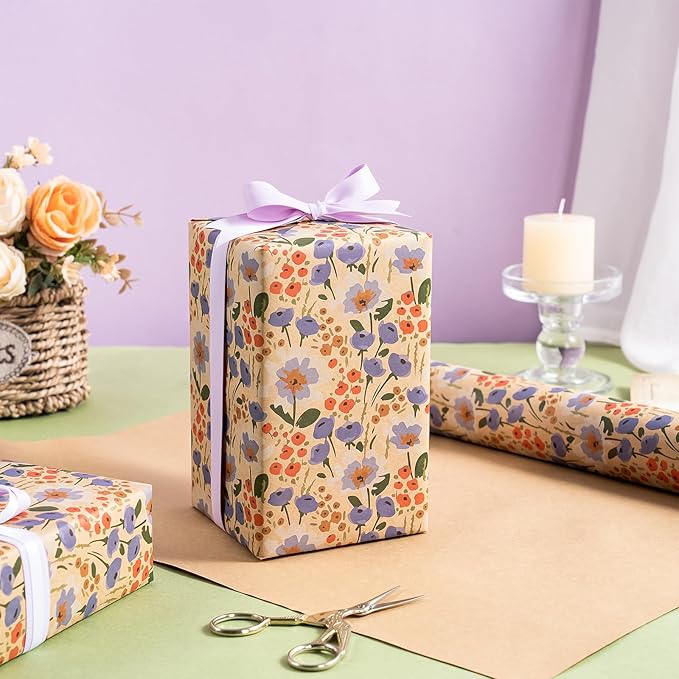 WRAPAHOLIC Kraft Floral Wrapping Paper Roll - Mini Roll - 17 Inch x 33 Feet - Watercolor Flower Wrapping Paper, Perfect for Wedding, Birthday, Bridal Shower, Tea Party