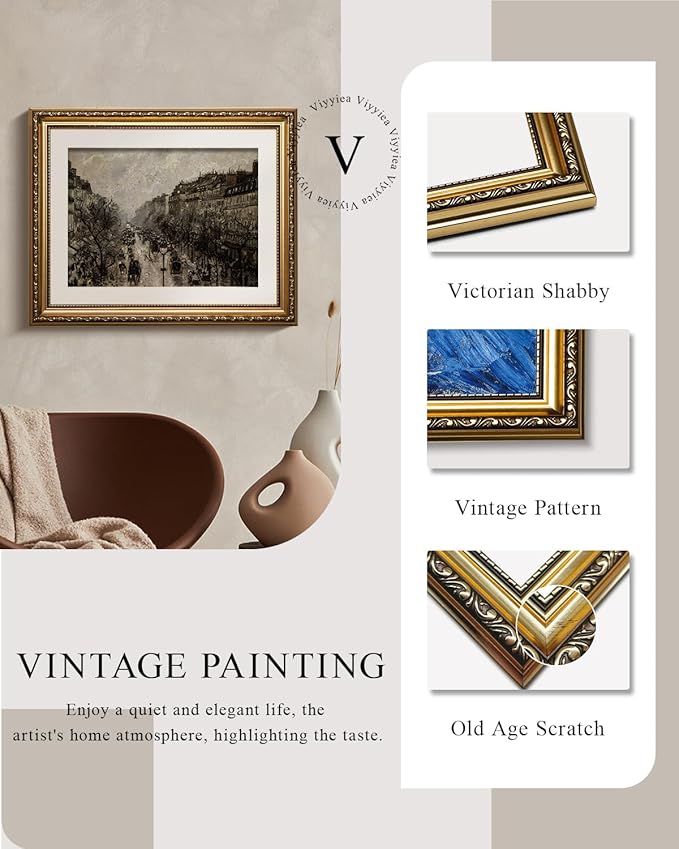 VIYYIEA Gold Framed Wall Art Canvas Print Home Decor for Living Room Classical Cityscape Artwork Wall Decorations Vintage Canvas Prints Parisian Street Bathroom Farmhouse Wall Pictures Office 13x16in