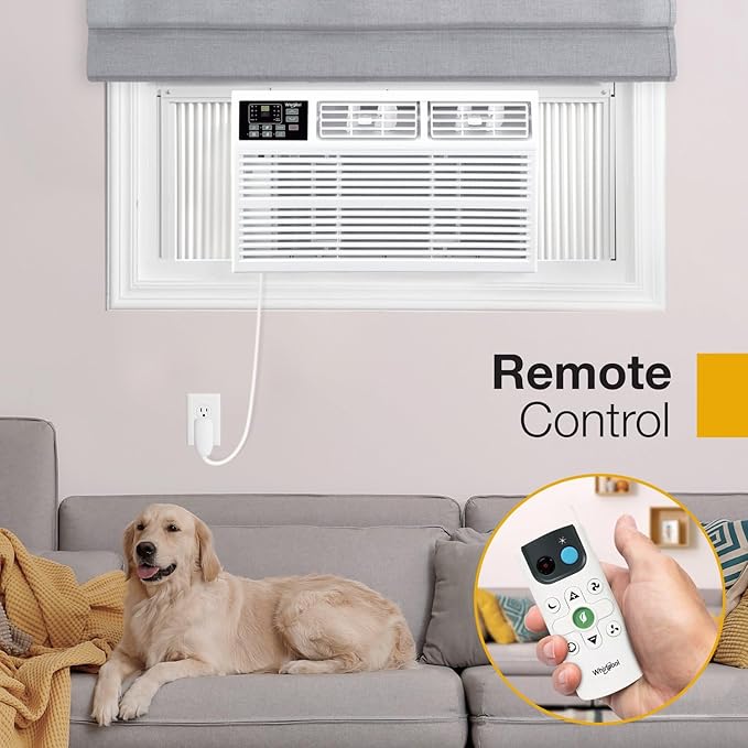 Whirlpool 8,000 BTU Window Air Conditioner with Supplemental Heat, Window Mounted AC Unit with Heater for Apartment, Living Room, Bedroom, Rooms up to 350 Square Feet