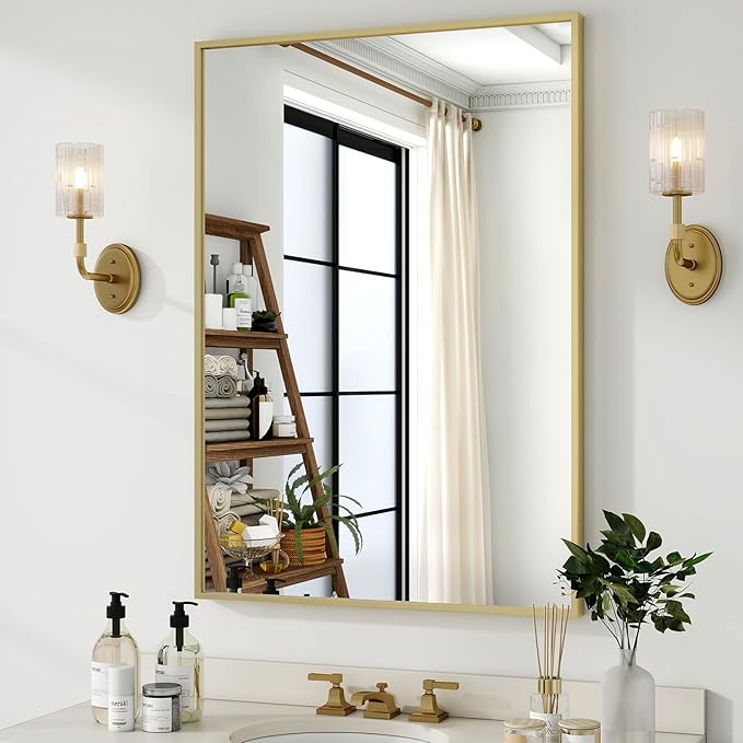 HARRITPURE 38"x26" Framed Bathroom Mirror for Wall Rectangle Mirror Aluminum Alloy Frame Wall-Mounted for Farmhouse Entryway Bedroom Living Room Gold