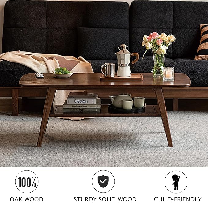 100% Solid Oak Coffee Table with Storage Shelf, 2-Tier Wooden Center Table for Living Room, Farmhouse Rustic Rectangle Table, Easy Assembly, 47 Inch