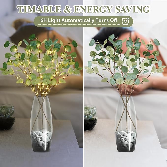 Lighted Artificial Eucalyptus Branches with Timer, Light Up Eucalyptus Branches 33in 99 Led, Battery Powered Vase Lights, Greenery Plant for Home Christmas Party Wedding Decor Indoor Outdoor