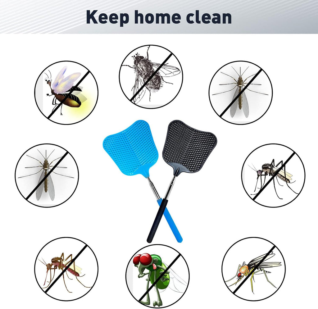 Fly Swatter, Flexible and Durable Telescopic Stainless Steel Retractable Handle ，Manual Fly swatters for Home,Garden,Classroom and Office (2Pcs Black& Blue)