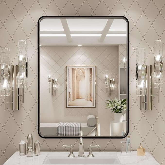LOAAO 24X32 Inch Black Metal Framed Bathroom Mirror for Wall, Matte Black Bathroom Vanity Mirror Farmhouse, Large Rounded Rectangle Mirror, Anti-Rust, Hangs Horizontally or Vertically