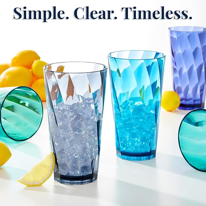 US Acrylic Optix Plastic Reusable Drinking Glasses (Set of 8) 20oz Water Cups in Coastal Colors | BPA-Free Tumblers, Made in USA | Top-Rack Dishwasher Safe