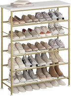 Shoe Rack Organizer 6 Tier for Closet Entryway Free Standing Metal Storage Shoe Shelf with MDF Top Board，Gold