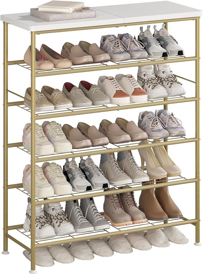 Shoe Rack Organizer 6 Tier for Closet Entryway Free Standing Metal Storage Shoe Shelf with MDF Top Board，Gold