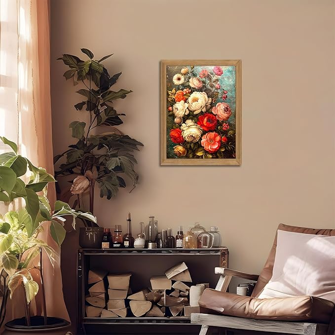 AKWISH Framed Vintage Floral Wall Art - 3D Textured Antique Colorful Flowers Oil - Hand Drawn Painting Classical Botanical Art Wall Decor for Living Room Bedroom Office Decor 12x16in