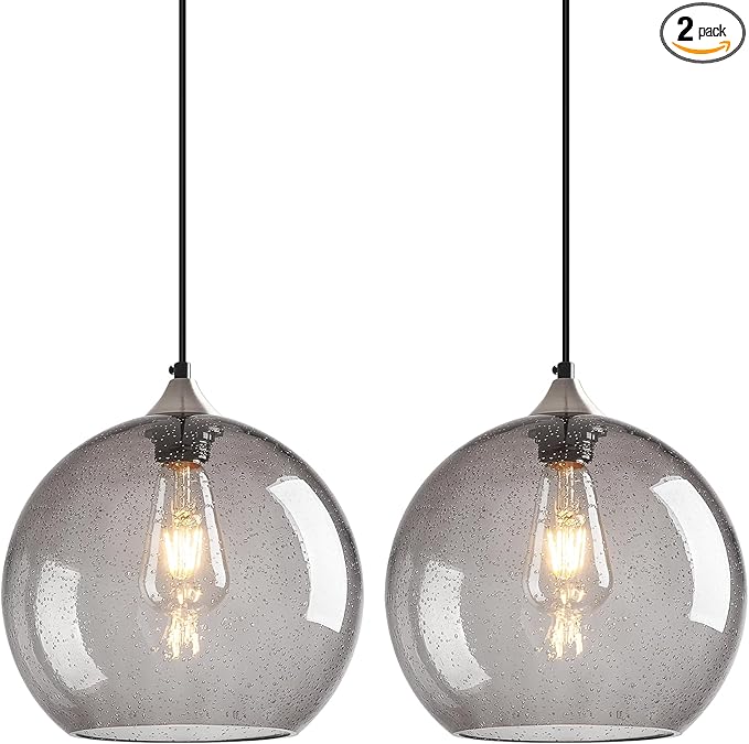 Light Grey Glass Pendant Lights Kitchen Island Globe Pendant Light Fixtures Modern Pendant Lighting for Bedroom Living Dining Room Light Fixture (9.84 in, 2 Pack)
