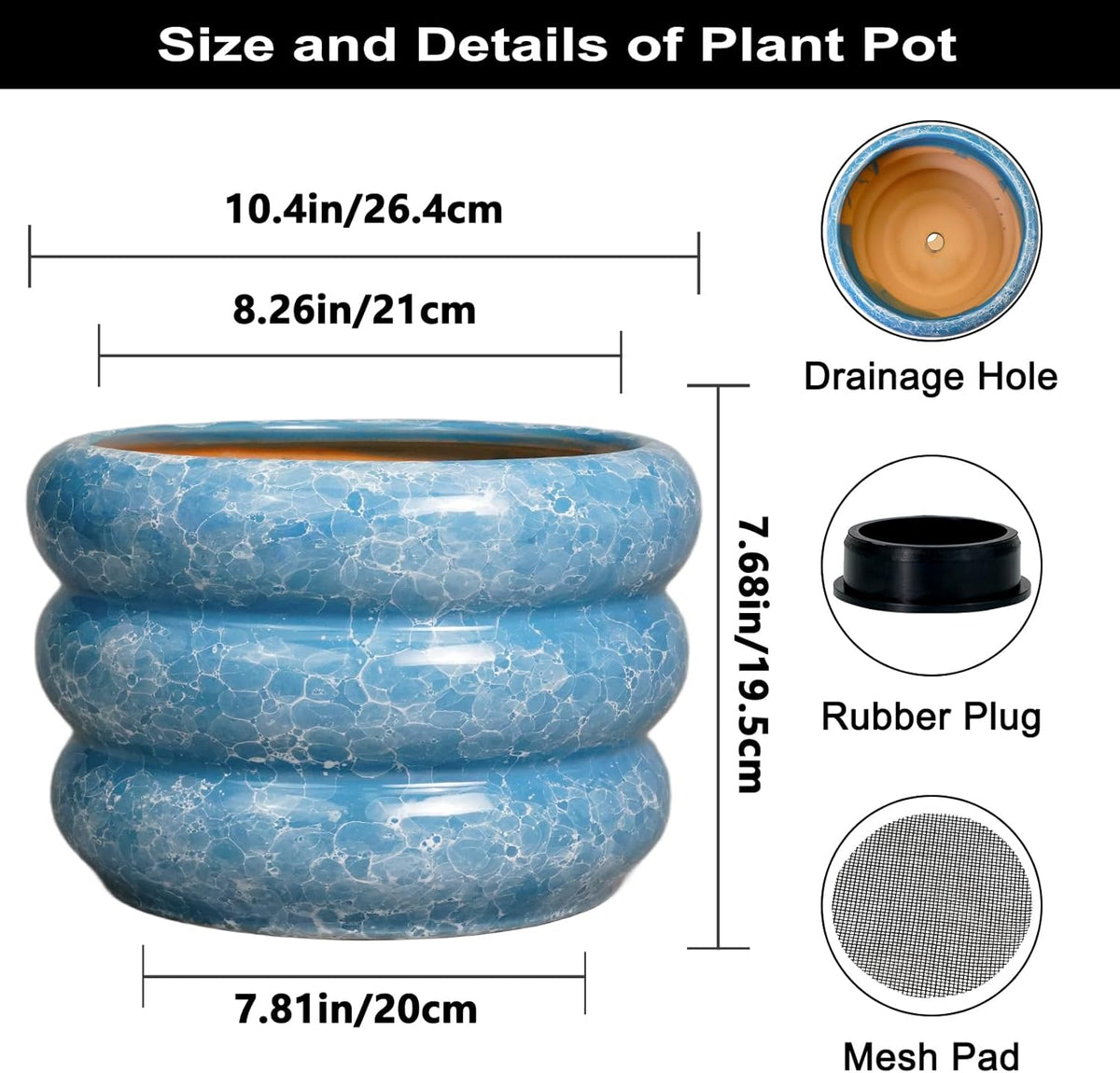 SQOWL 10 Inch Planter Pot - Ceramic Plant Pot with Drainage Hole Planter for Indoor Plants Large Flower Pot Decorative Plant Pot Outdoor Planter for Porch Decor Blue