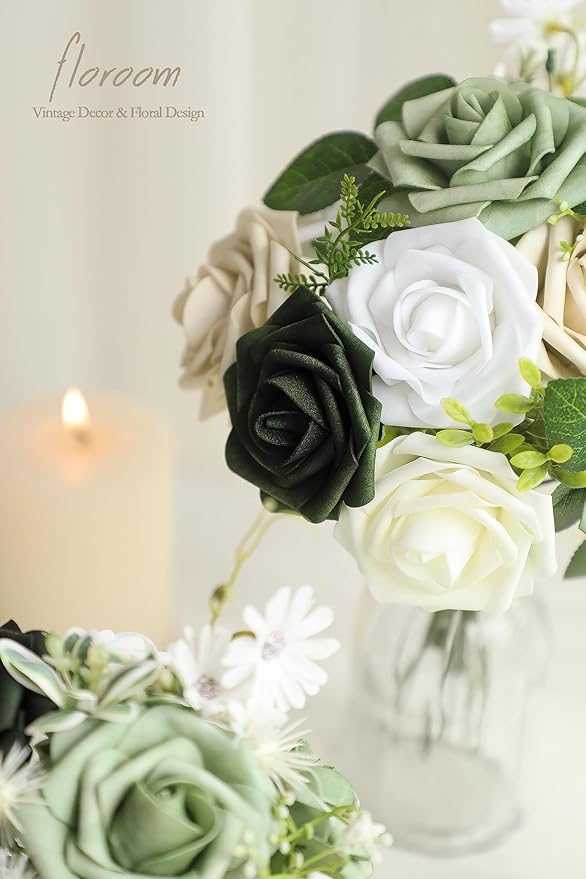 Floroom Artificial Flowers 25pcs Real Looking Emerald Green Ombre Colors Foam Fake Roses with Stems for DIY Wedding Bouquets Bridal Shower Centerpieces Sage Green Floral Arrangements Tables Decoration