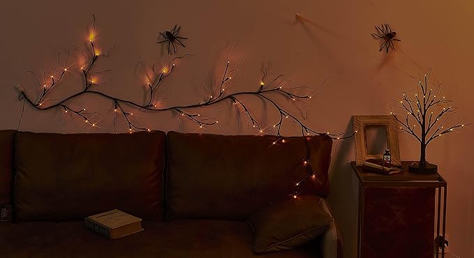 Hairui Lighted Halloween Garland with 48L Orange and Purple Bi-Color LED Lights 8 Functions, Black Glittered Garland Lights Battery Operated 6FT for Indoor Outdoor Halloween Party Decoration