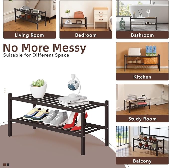 2 Tier Bamboo Shoe Rack Storage Organizer for Closet, Multifunctional Stackable Free Standing Shoe Shelf Organizer for Small Space,Entryway, Hallway, Bathroom27 x11 x13 (Brown, 2 Tier)