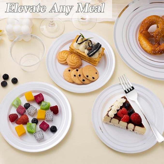 100PCS Silver Plastic Plates Set, 50 10.25 inch Dinner Plate and 50 7.5 inch Dessert Plates, Premium Disposable Plates for Party, Wedding