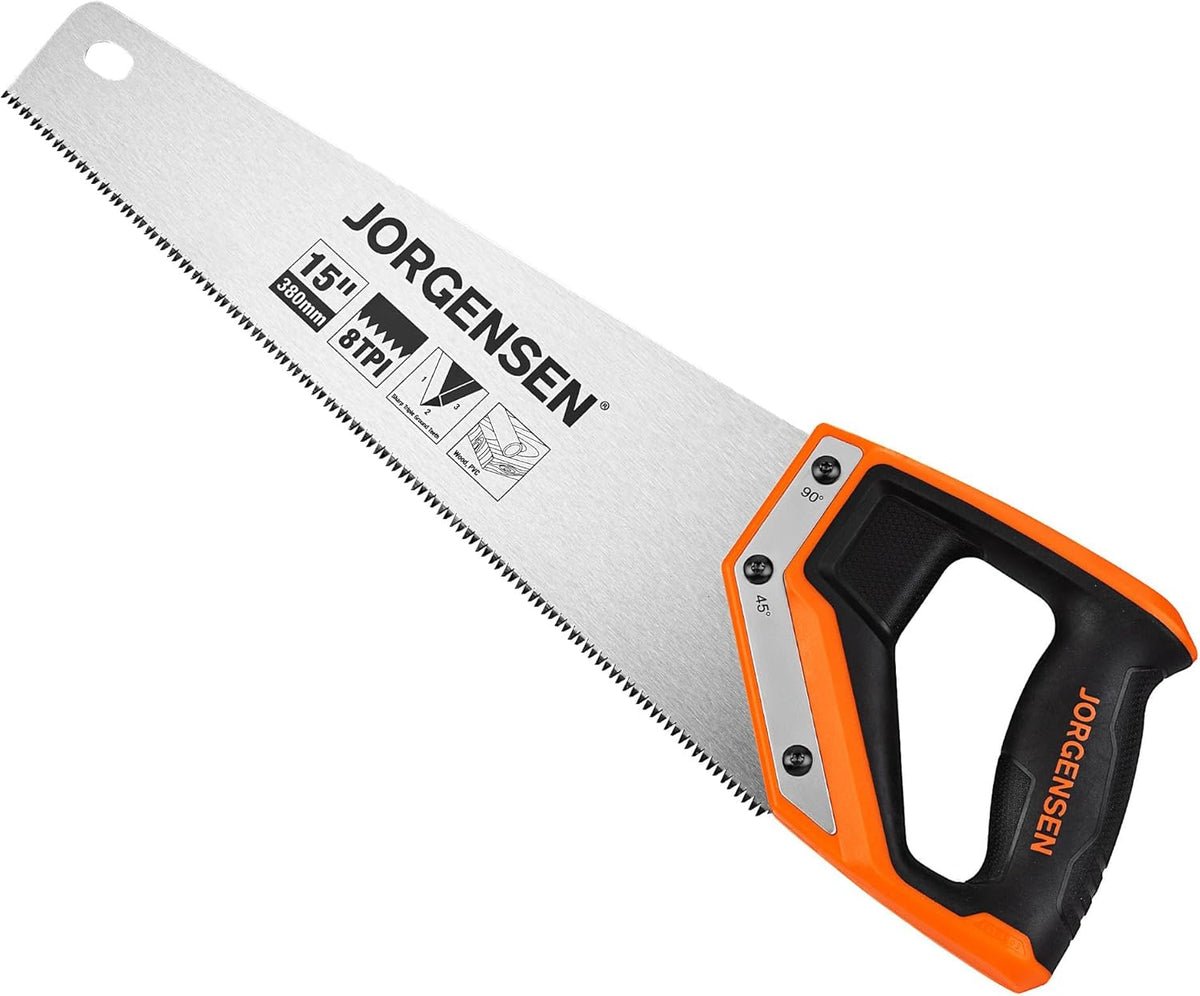 JORGENSEN 15 Inch Pro Hand Saw, 8 TPI Fine-Cut Ergonomic Non-Slip Aluminum Ultrasonic Welding Handle for Sawing, Trimming, Gardening, Woodworking, Drywall, Plastic Pipes