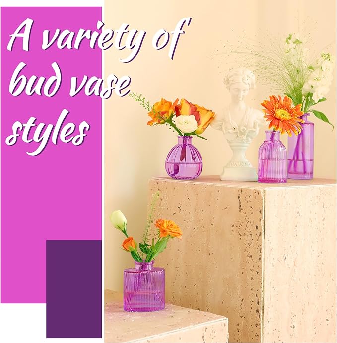 12PCS Hot Pink Vase for Flowers, Small Glass Bud Vases for Centerpieces Purple Flower Vase in Bulk for Home Office Decor
