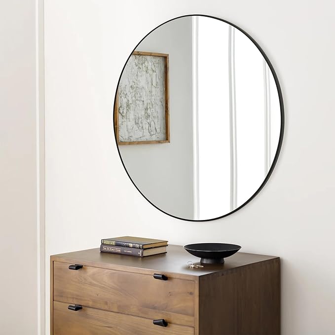 Black Round 36 Inch Mirror,Circle Bathroom Vanity Mirror for Wall,Hanging Modern Tempered Glass Mirror for Entryway or Living Room (36 Inch, Black)