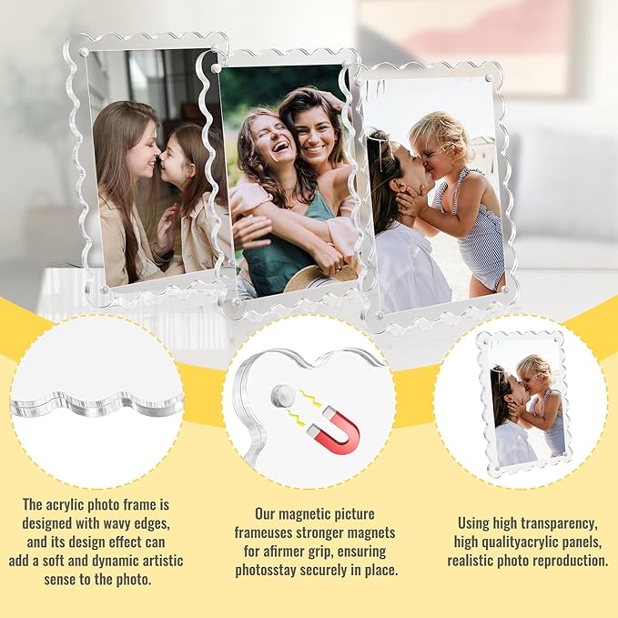 3 Pack Acrylic Picture Frames 4x6 Scalloped with Detachable Brackets, Vertical and Horizontal Tabletop Display, Clear Magnetic Photo Frames for Home/Family/Party/Wedding
