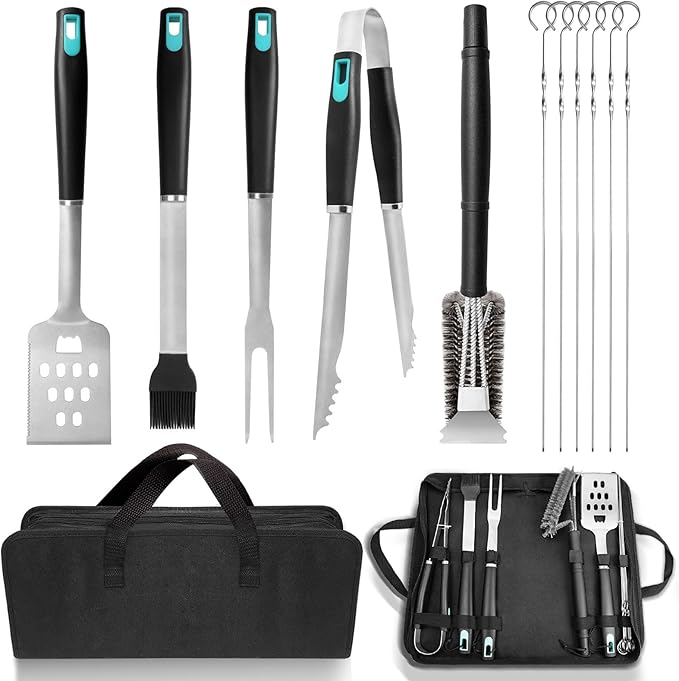 5-Piece Good Grips BBQ Grill Tool Set – Extra Tough Metal Wire Brush Cleaner, Stainless Steel Spatula, Fork, Tongs, Basting Brush for Outdoor Grilling, Camping - Perfect Grill Gifts for Men Dad